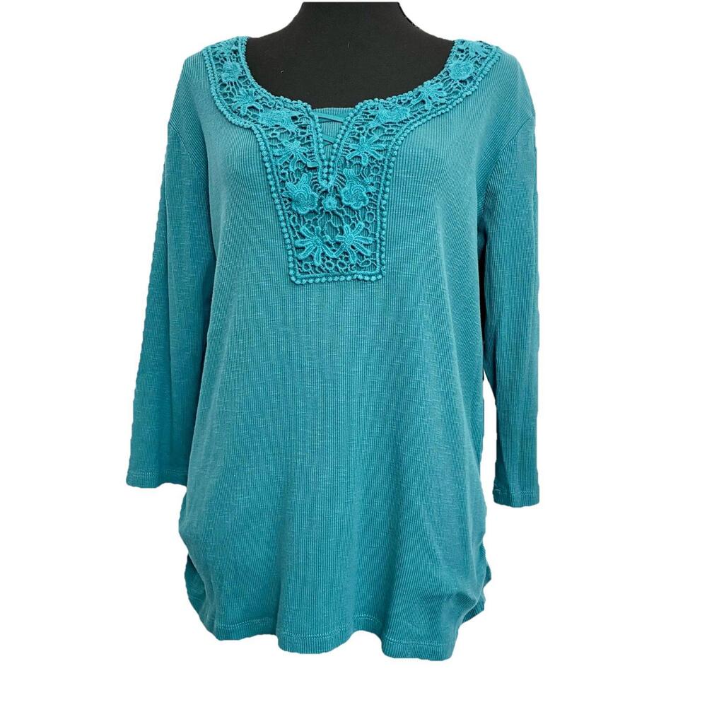 NorthCrest Crochet Lace Bib Tunic Top Women’s L Teal 100% Cotton 3/4 Sleeve